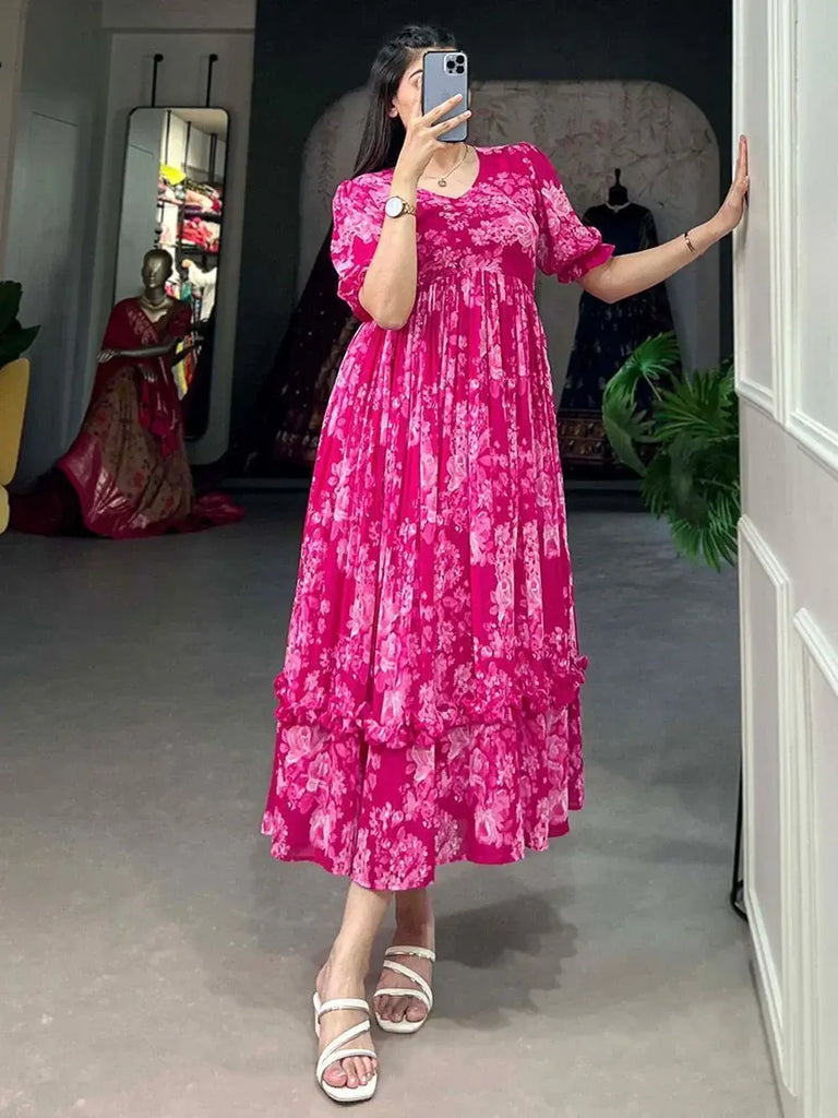 Excellent Pink Floral Printed Georgette Party Wear Dresses