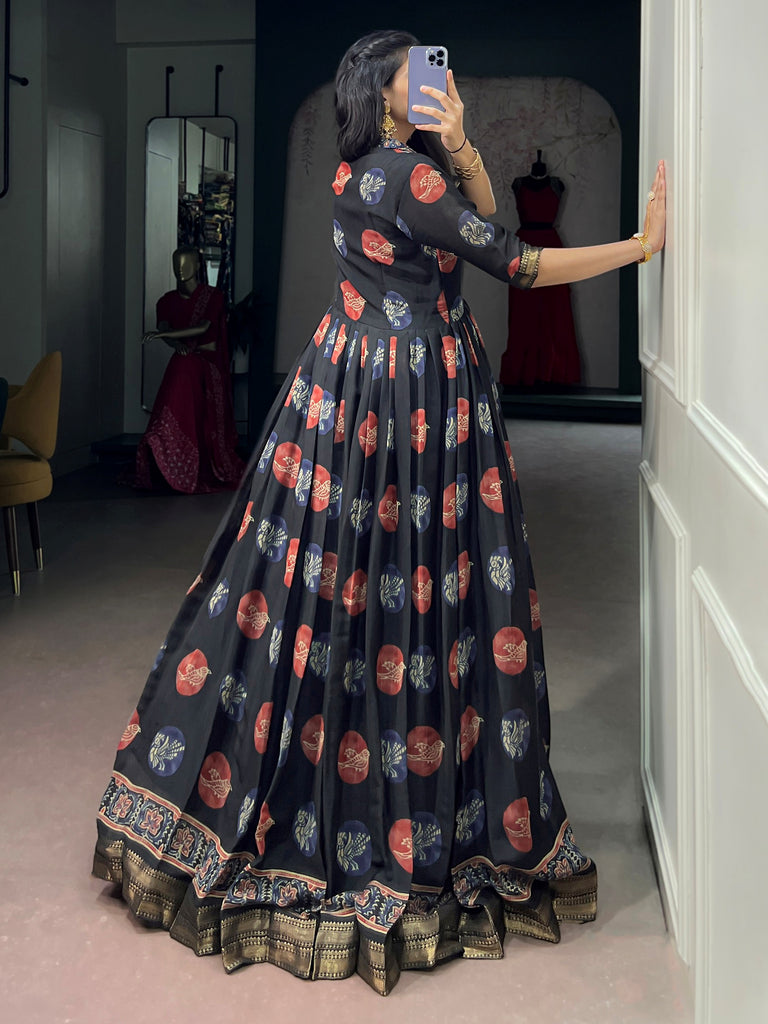 Classy Black Digital Printed Chanderi Event Wear Gown