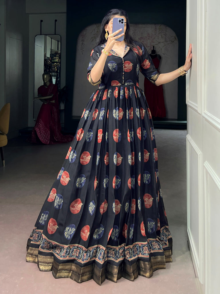 Classy Black Digital Printed Chanderi Event Wear Gown