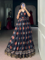 Classy Black Digital Printed Chanderi Event Wear Gown