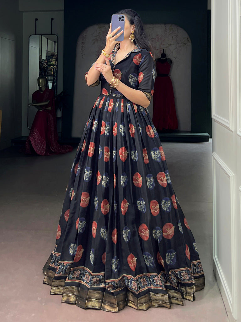 Classy Black Digital Printed Chanderi Event Wear Gown