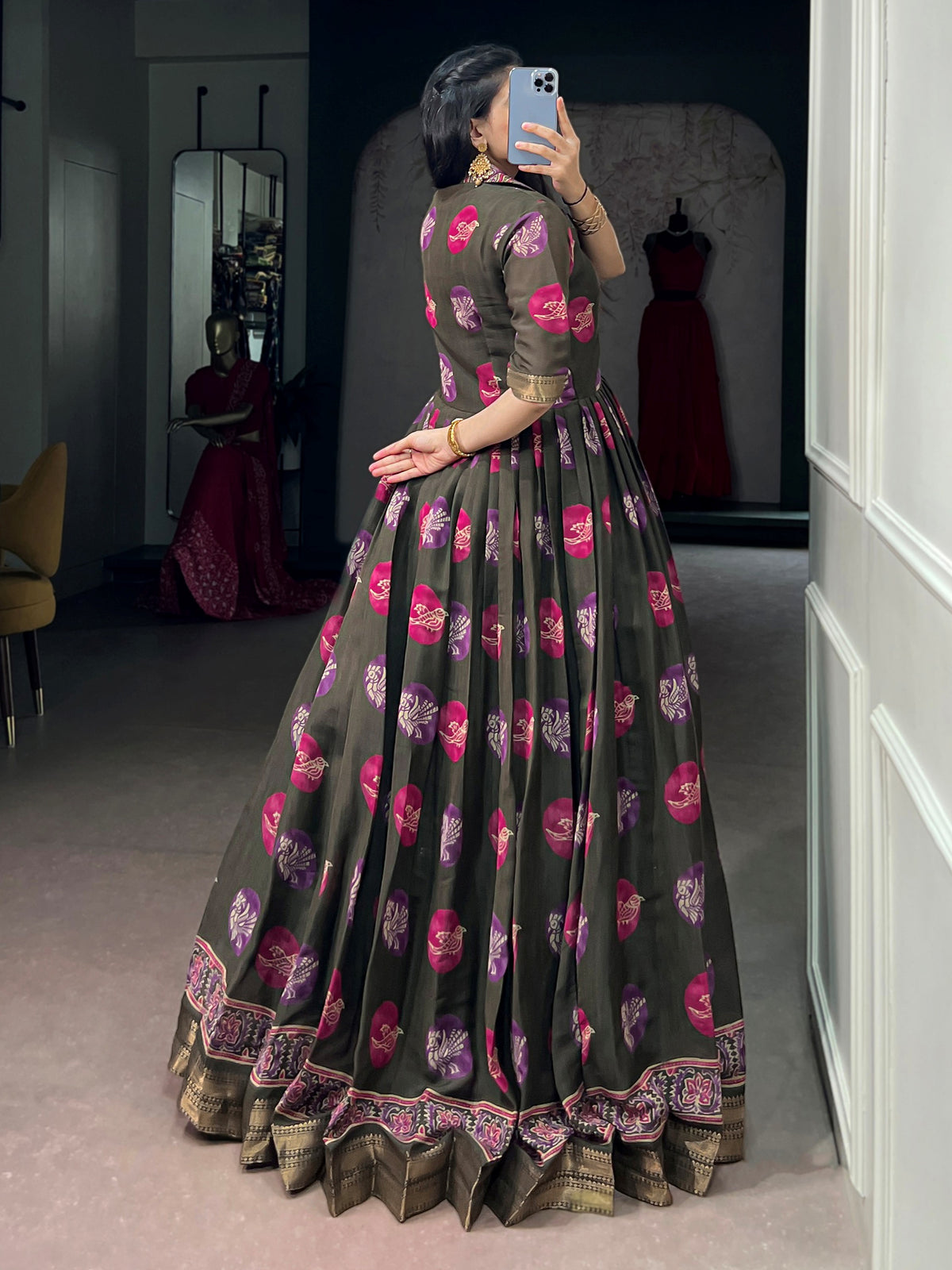 Fabulous Olive Green Digital Printed Chanderi Function Wear Gown