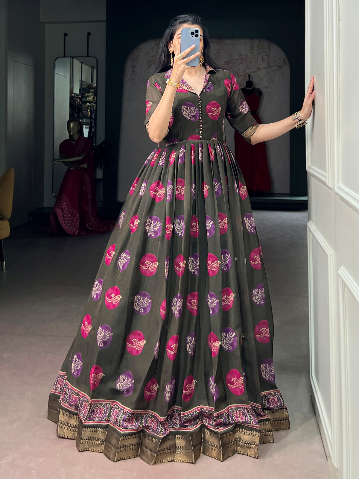 Fabulous Olive Green Digital Printed Chanderi Function Wear Gown