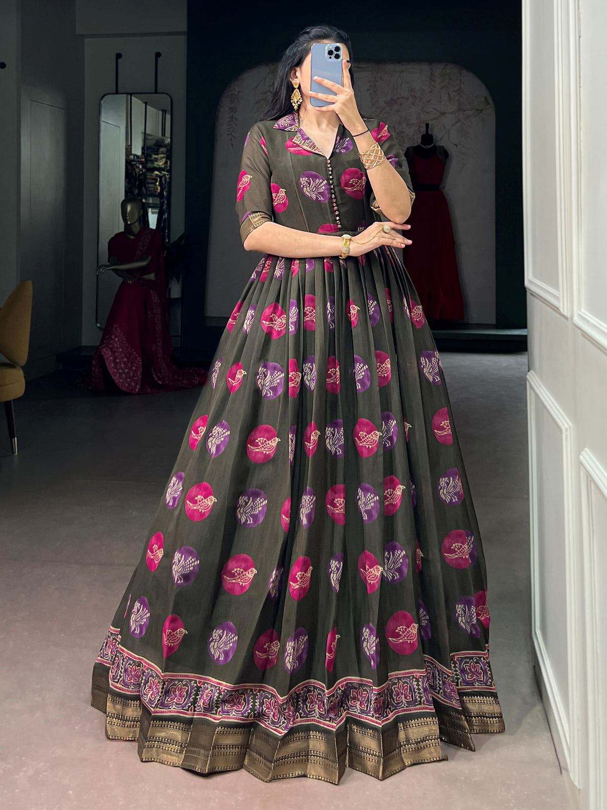 Fabulous Olive Green Digital Printed Chanderi Function Wear Gown