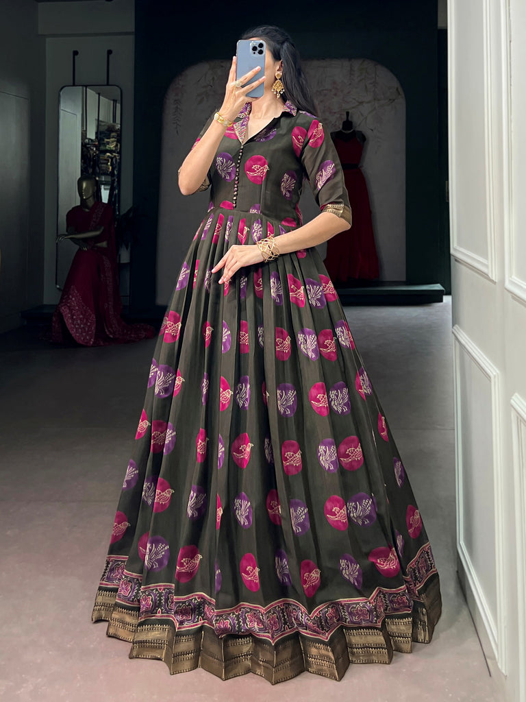 Fabulous Olive Green Digital Printed Chanderi Function Wear Gown
