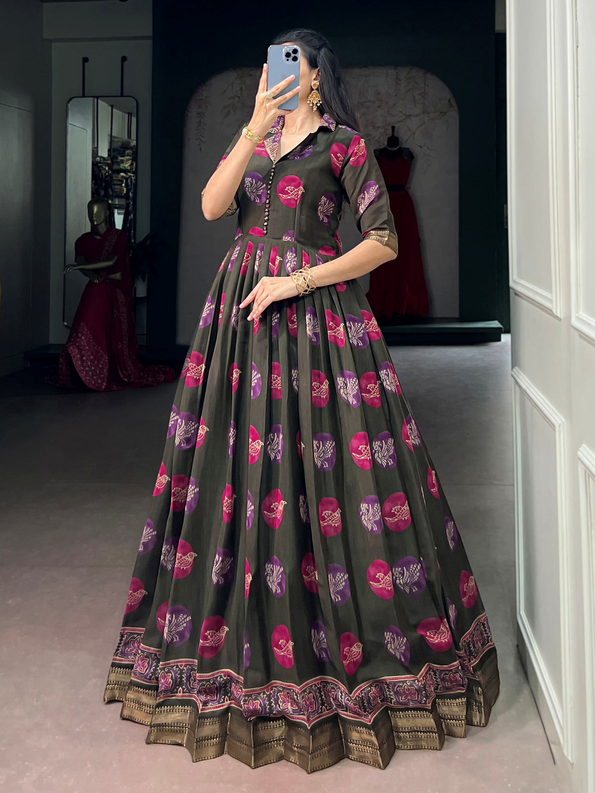 Fabulous Olive Green Digital Printed Chanderi Function Wear Gown