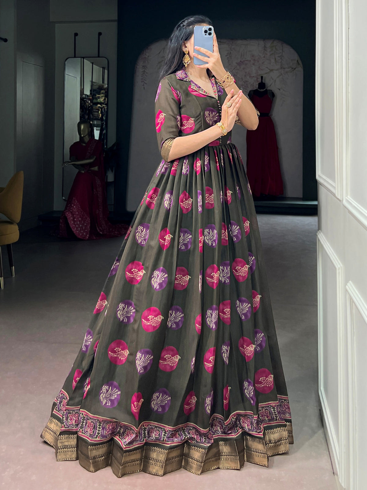 Fabulous Olive Green Digital Printed Chanderi Function Wear Gown