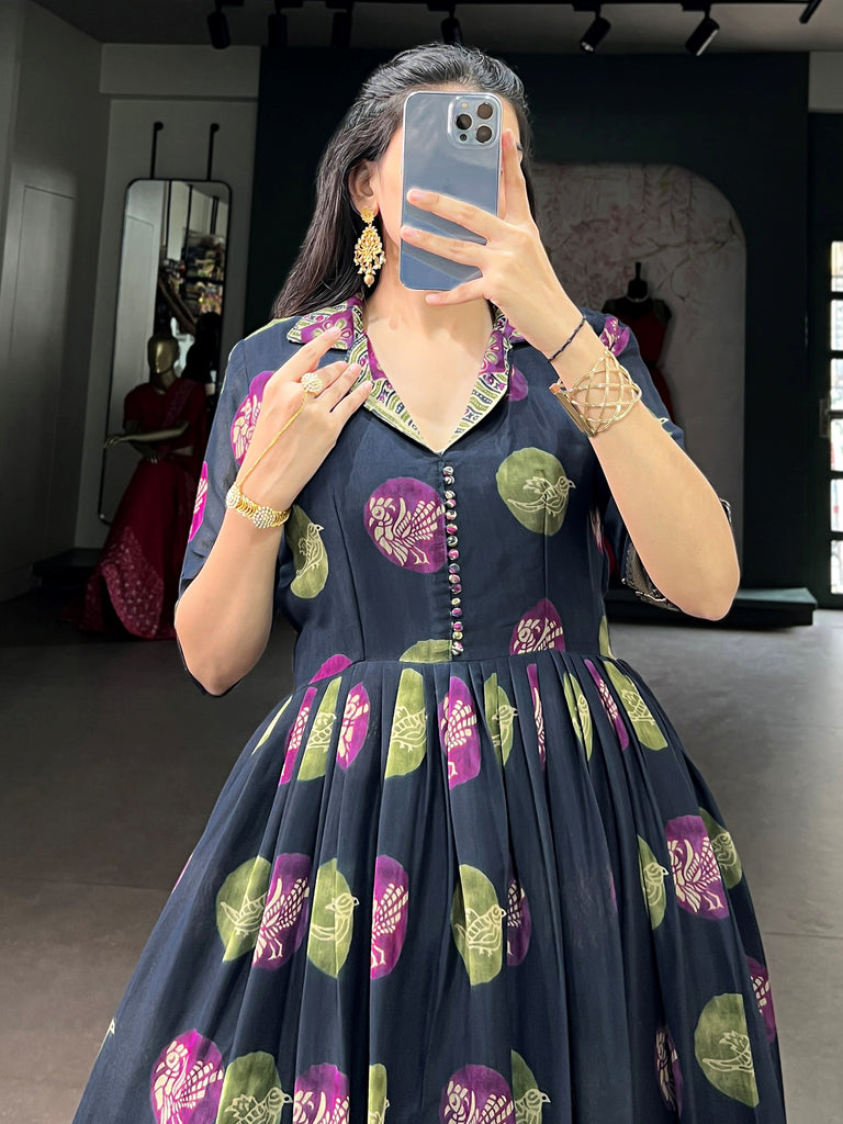 Fantastic Navy Blue Digital Printed Chanderi Festive Wear Gown