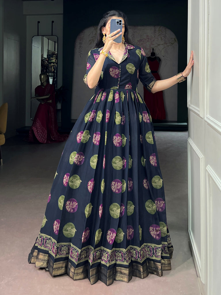 Fantastic Navy Blue Digital Printed Chanderi Festive Wear Gown