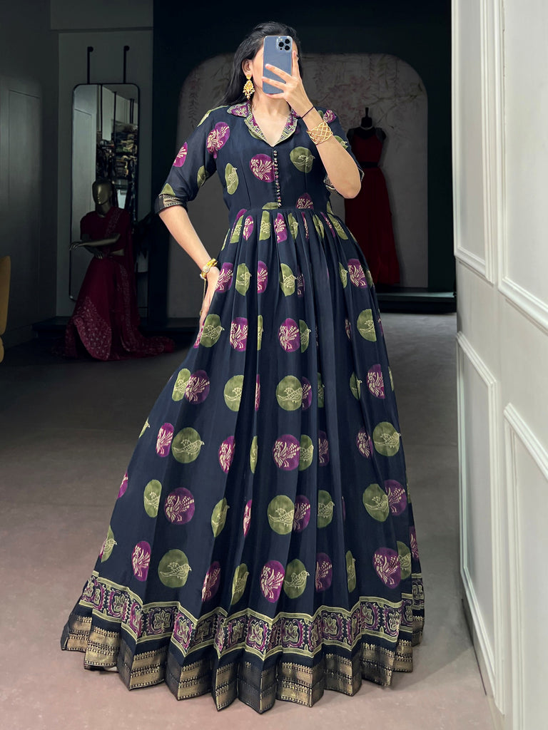 Fantastic Navy Blue Digital Printed Chanderi Festive Wear Gown