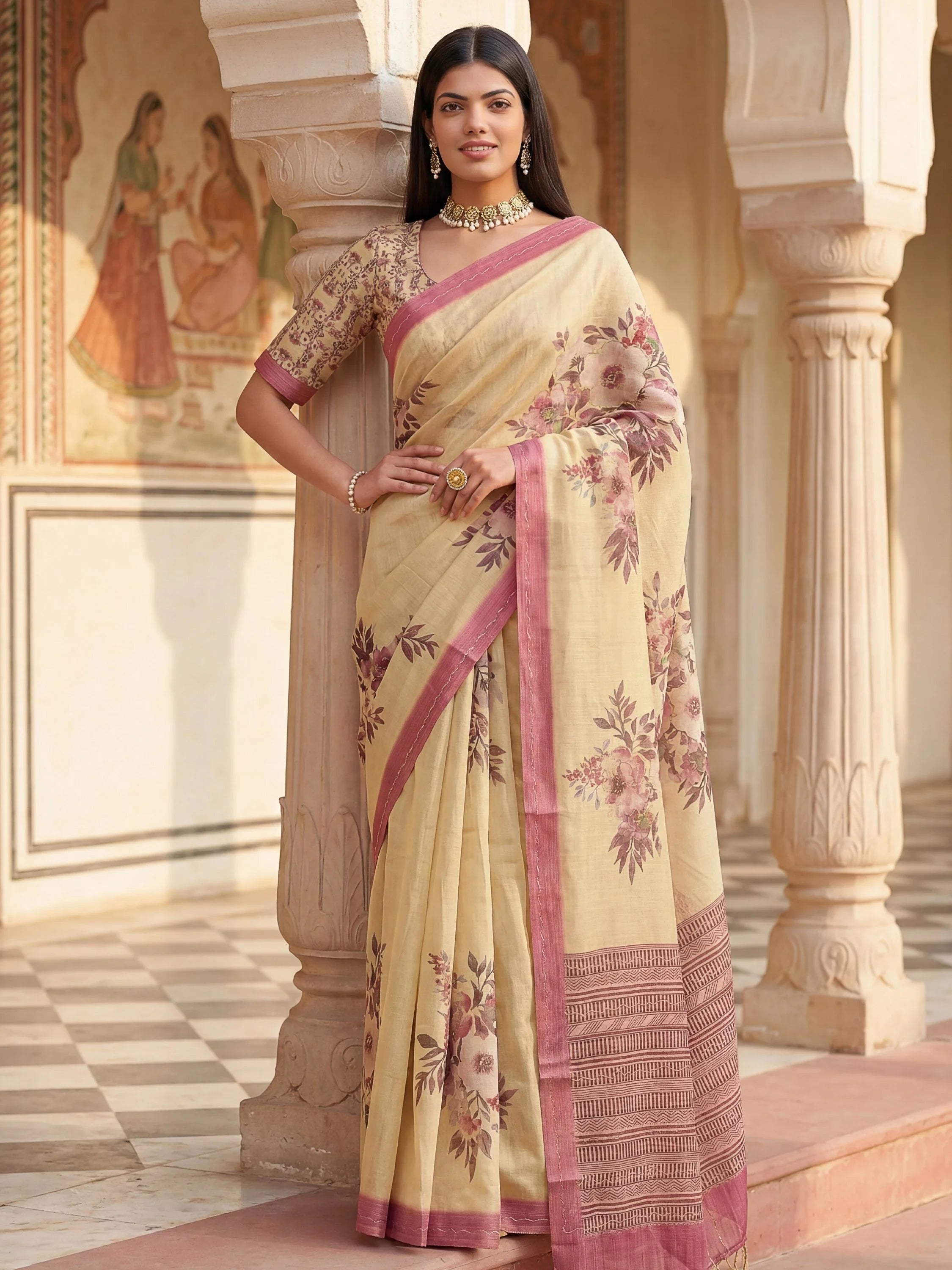Elegant Cream Flower Printed Silk Event Wear Saree With Blouse