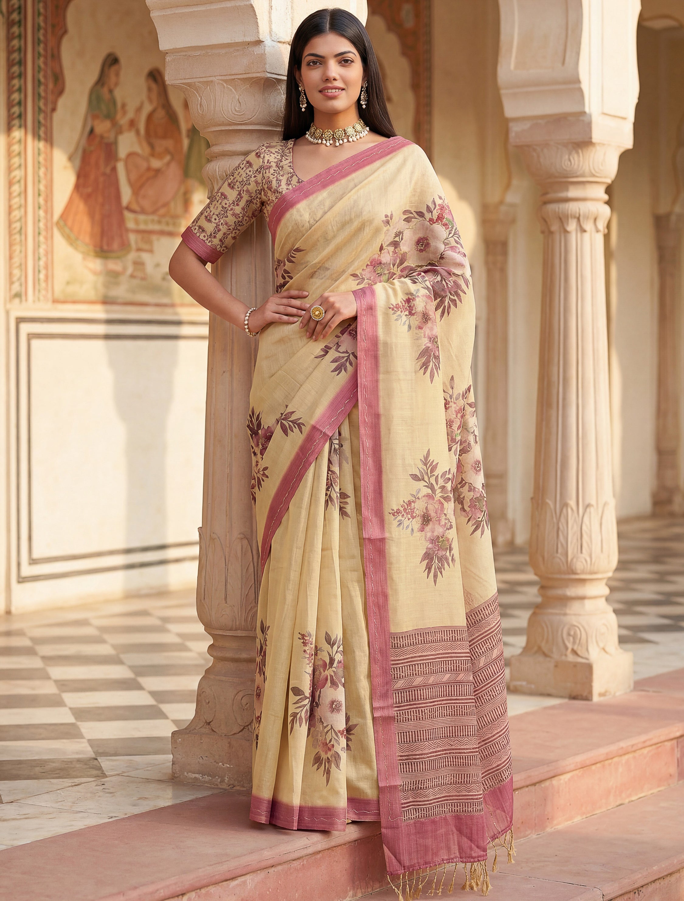 Elegant Cream Flower Printed Silk Event Wear Saree With Blouse