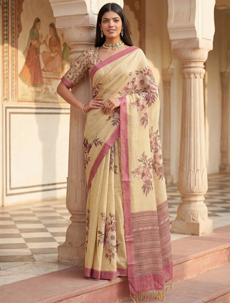 Elegant Cream Flower Printed Silk Event Wear Saree With Blouse