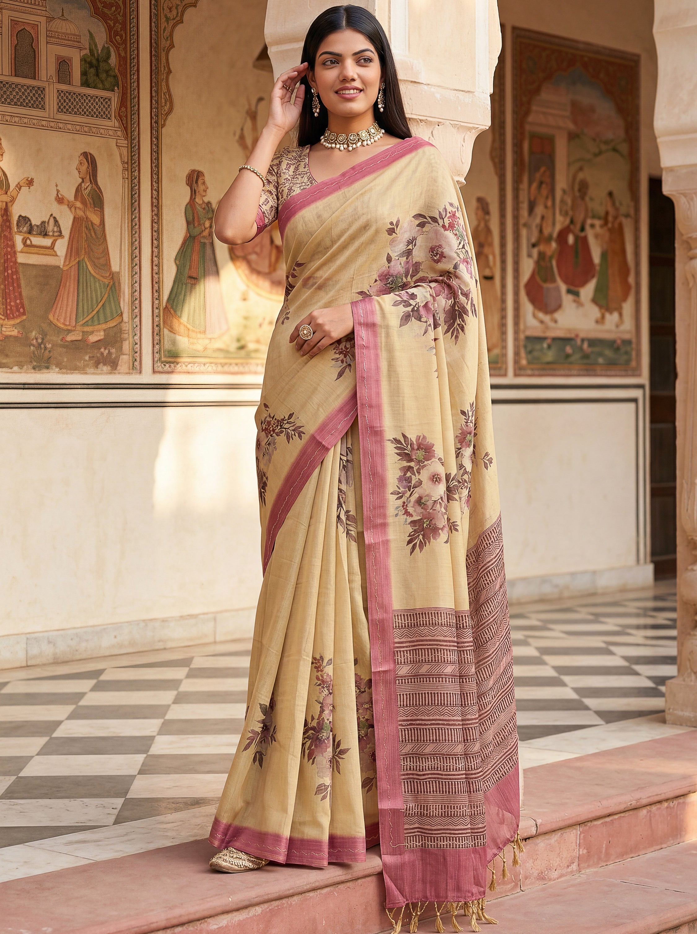 Elegant Cream Flower Printed Silk Event Wear Saree With Blouse