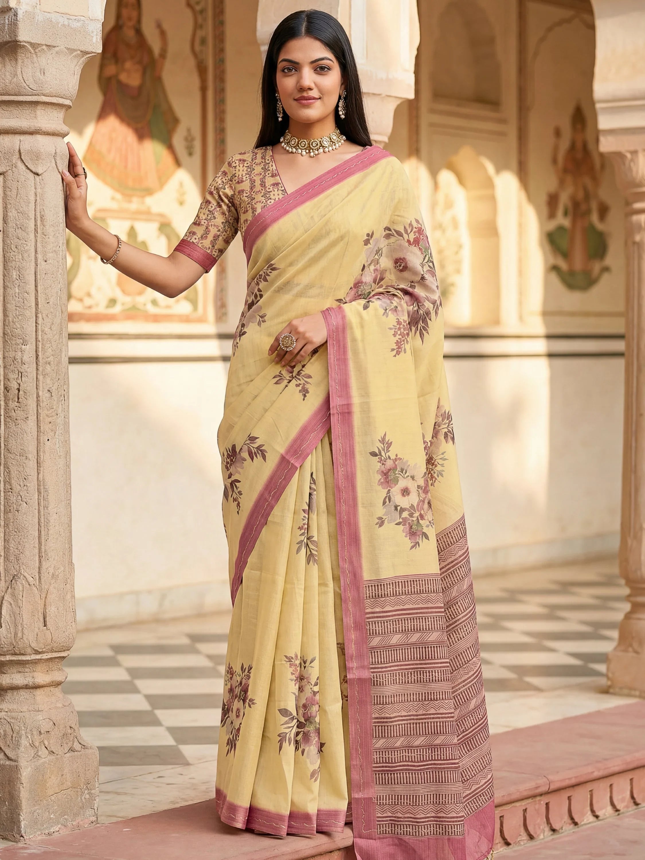 Elegant Cream Flower Printed Silk Event Wear Saree With Blouse