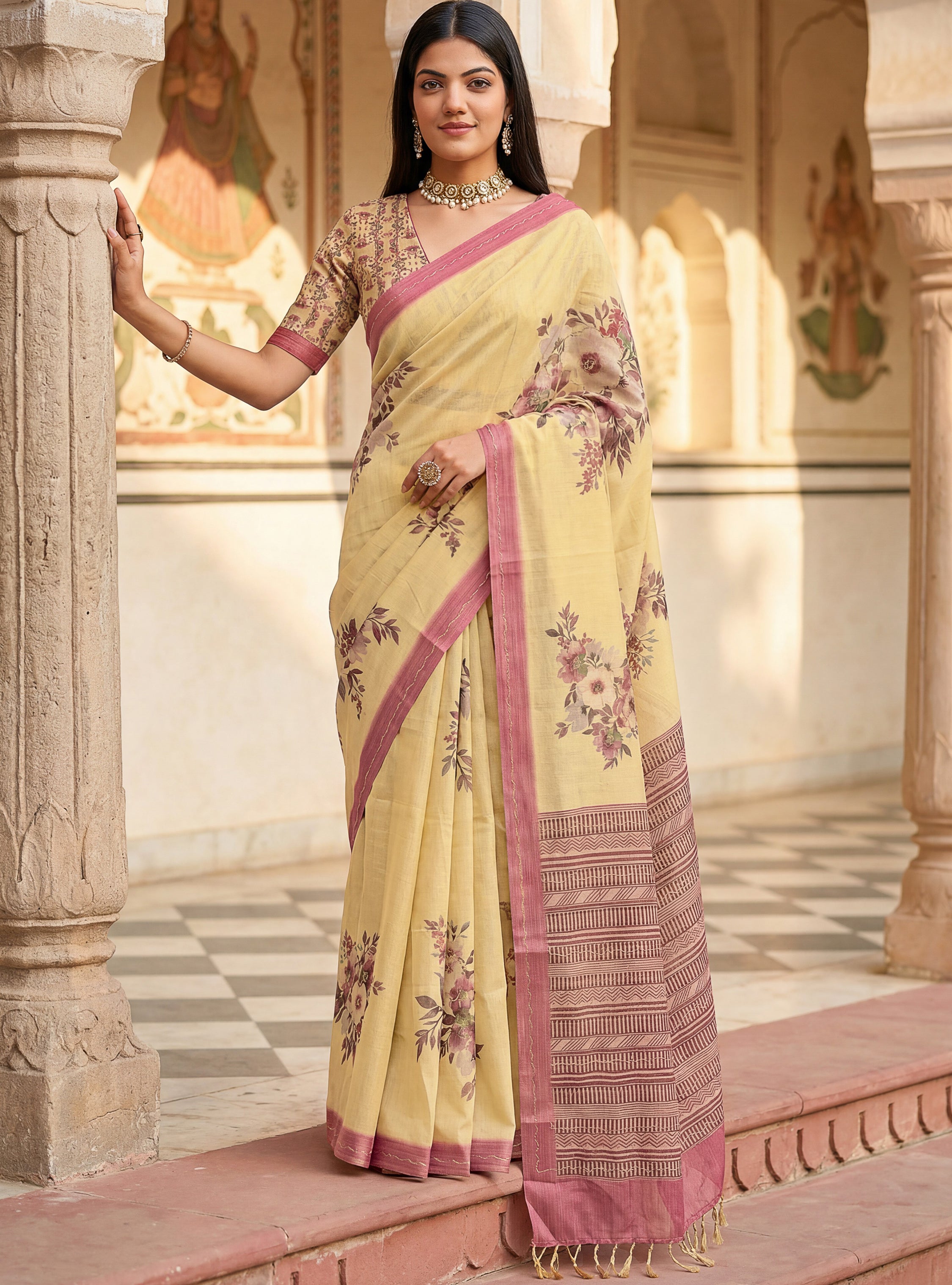 Elegant Cream Flower Printed Silk Event Wear Saree With Blouse