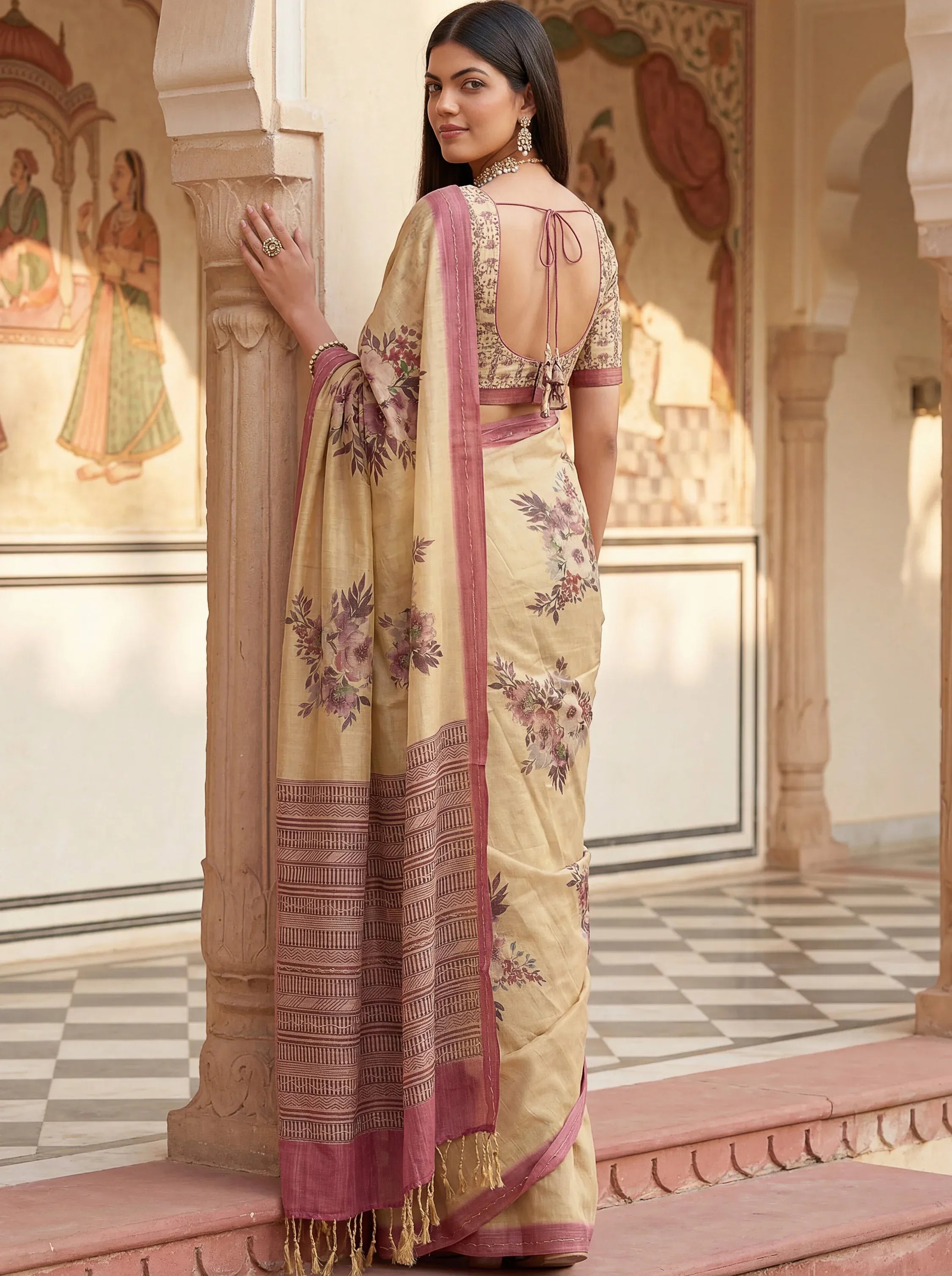 Elegant Cream Flower Printed Silk Event Wear Saree With Blouse