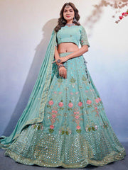 Beauteous Sea-green Embroidered Georgette Marriage Wear Lehenga Choli