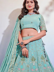 Beauteous Sea-green Embroidered Georgette Marriage Wear Lehenga Choli