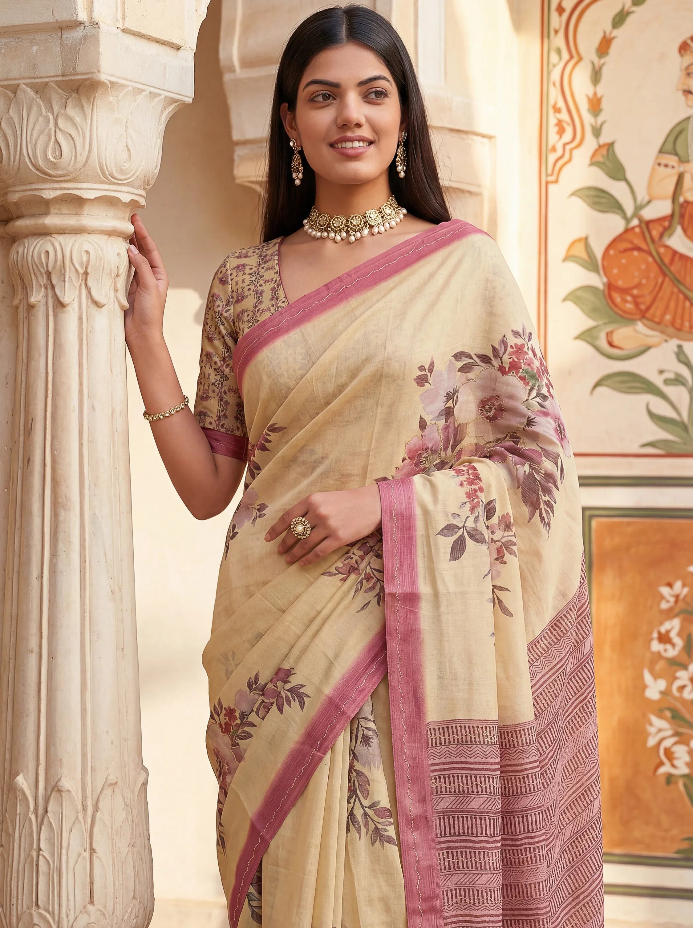 Elegant Cream Flower Printed Silk Event Wear Saree With Blouse