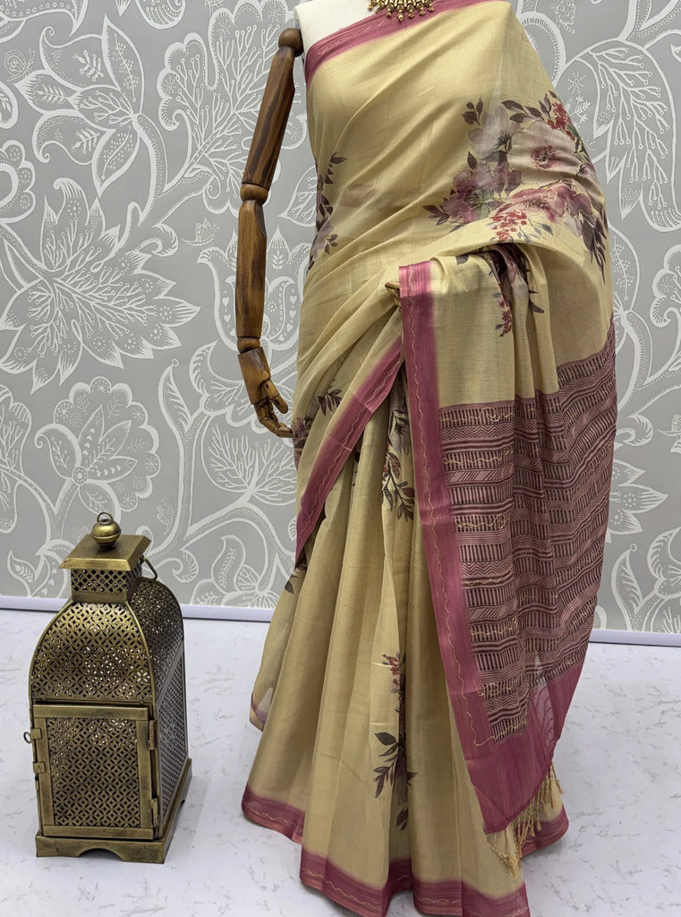 Elegant Cream Flower Printed Silk Event Wear Saree With Blouse
