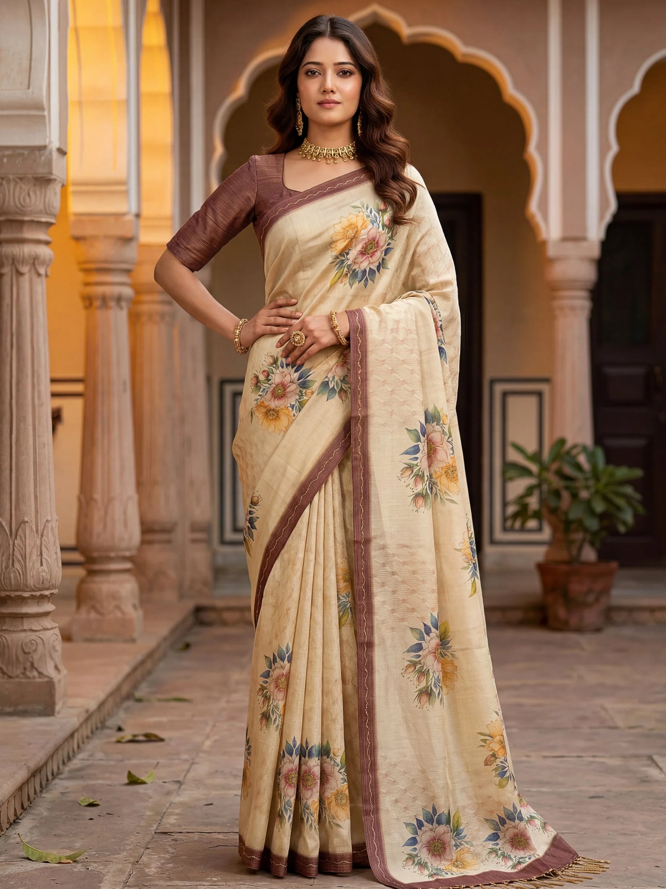 Graceful Cream Floral Printed Silk Wedding Wear Saree With Blouse