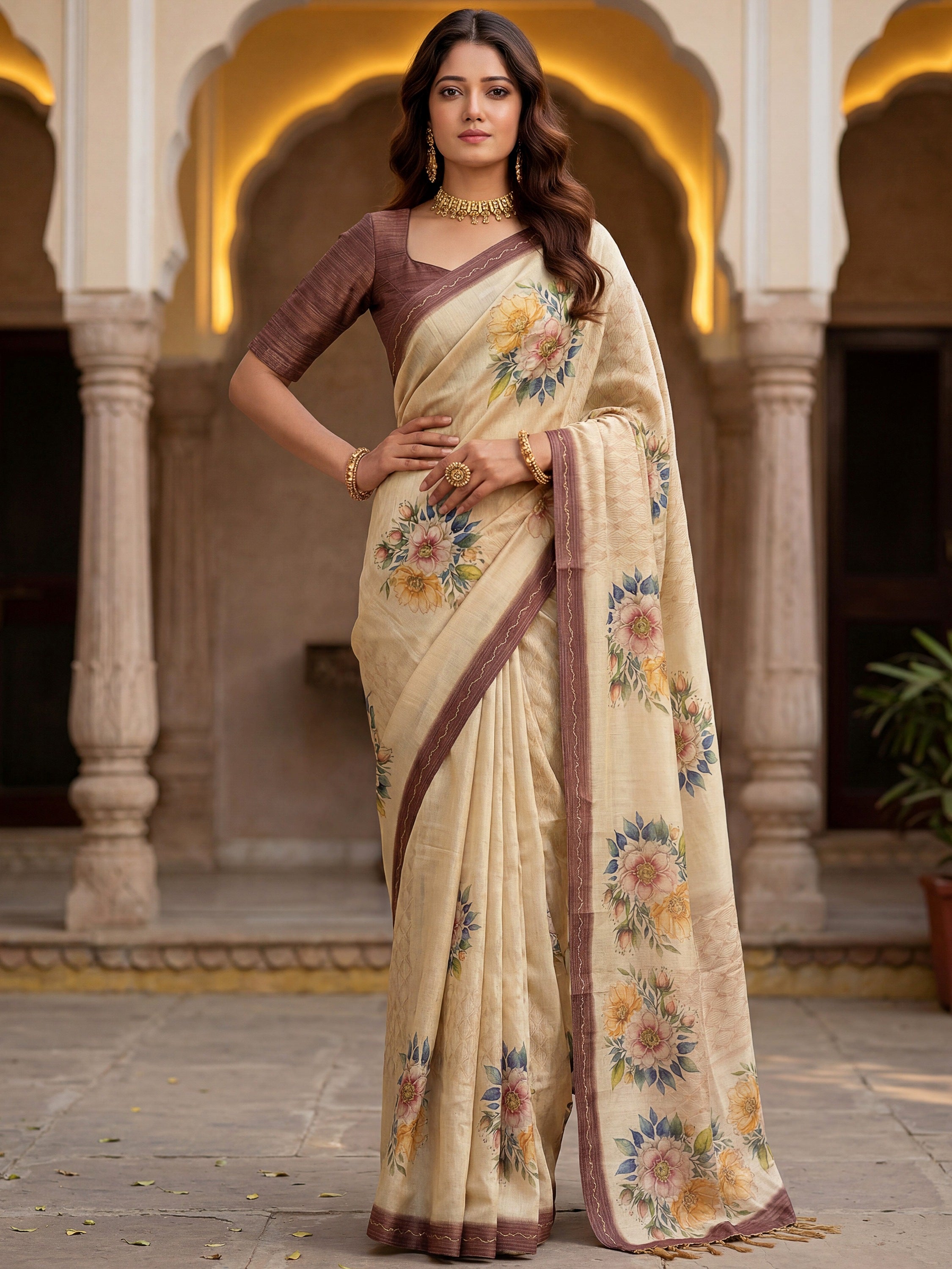 Graceful Cream Floral Printed Silk Wedding Wear Saree With Blouse