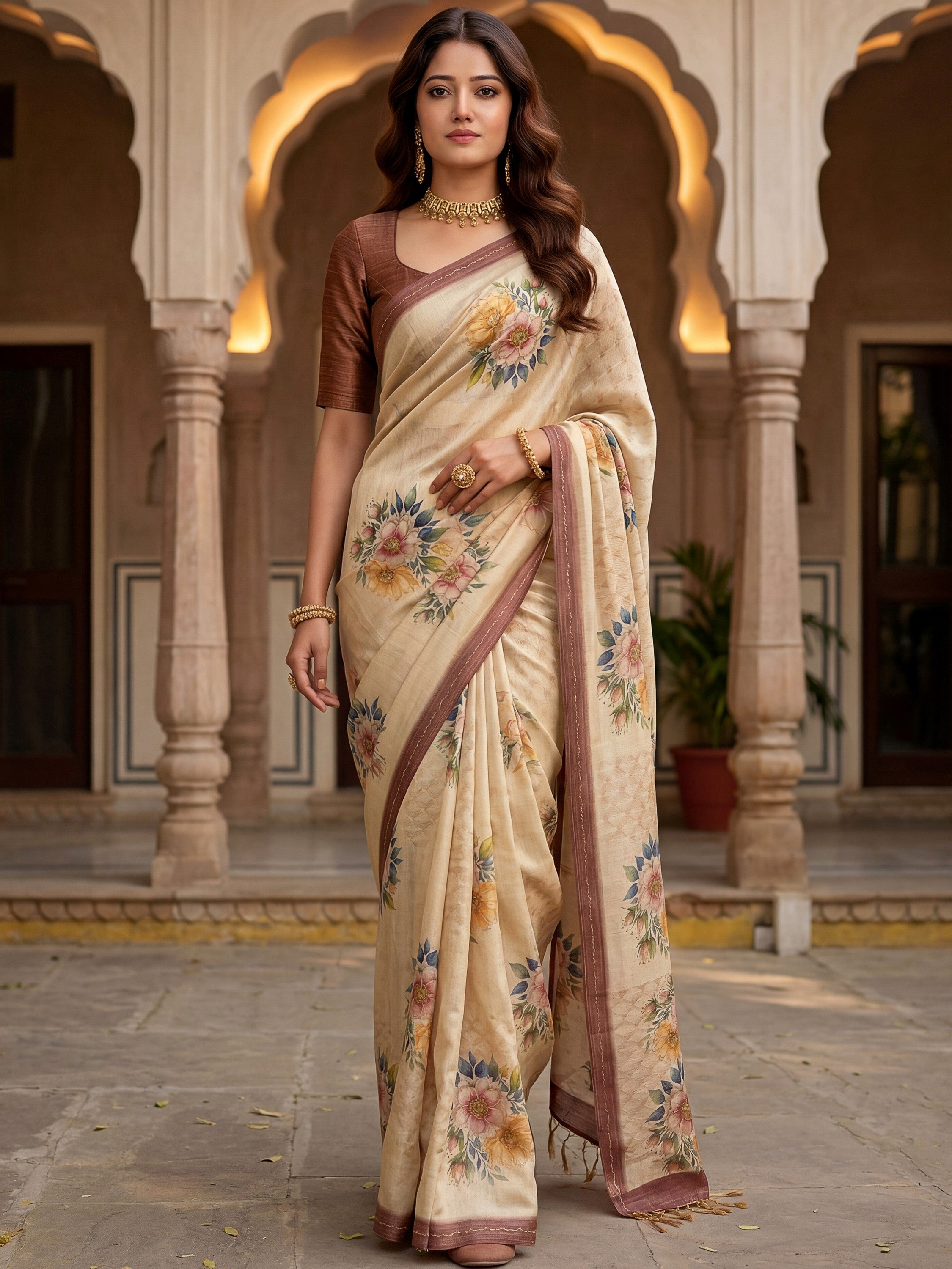 Graceful Cream Floral Printed Silk Wedding Wear Saree With Blouse