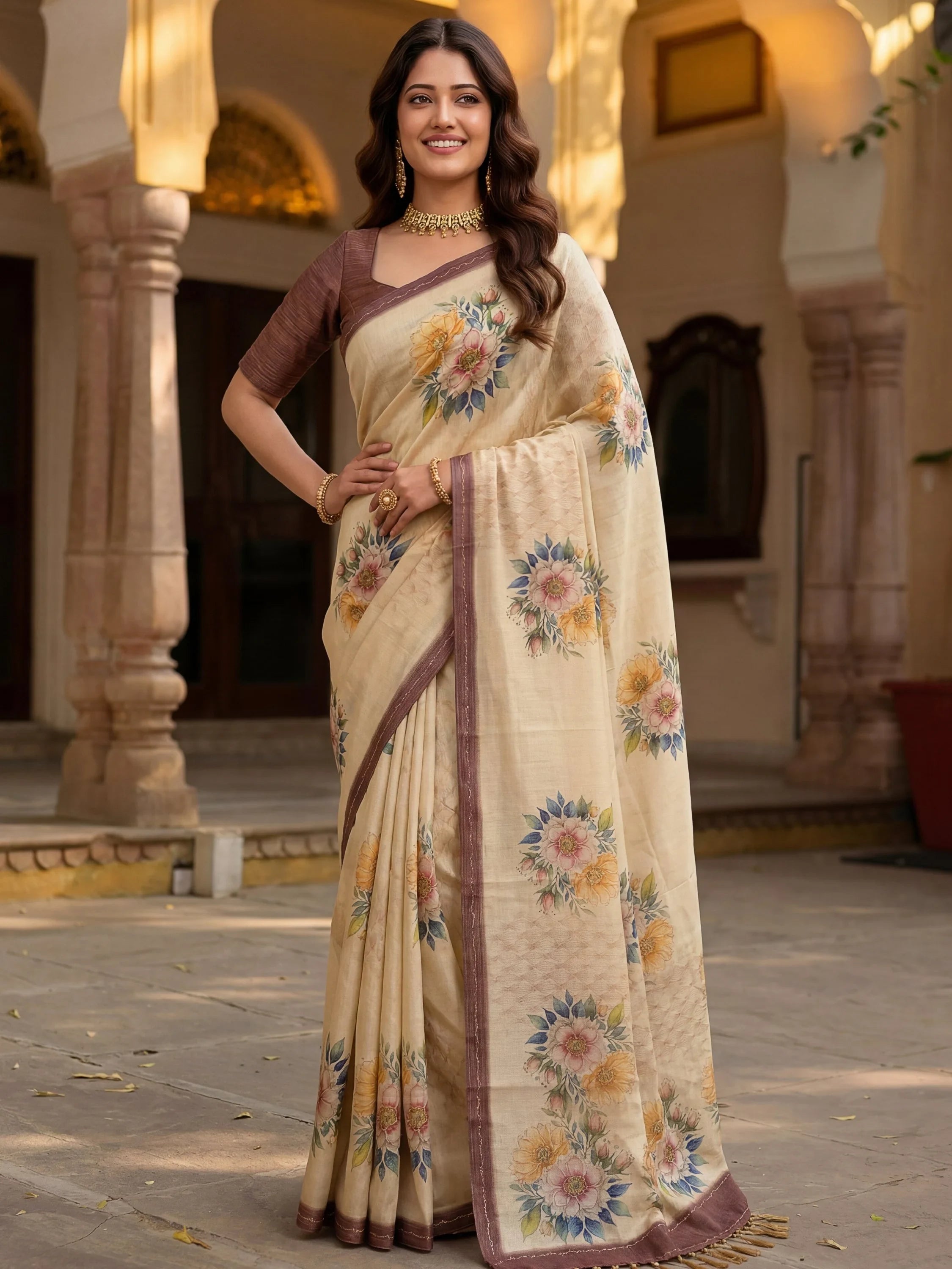 Graceful Cream Floral Printed Silk Wedding Wear Saree With Blouse