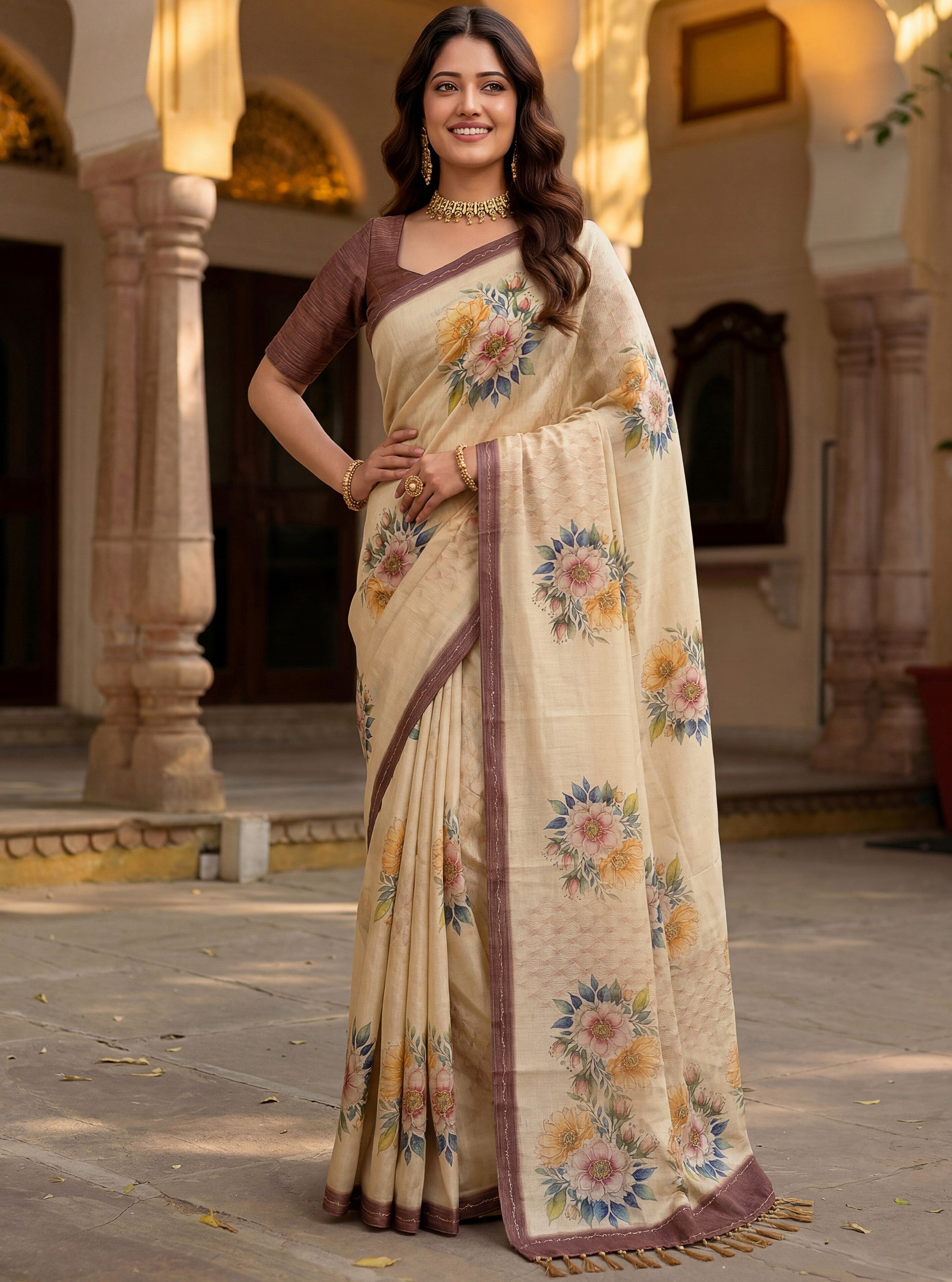Graceful Cream Floral Printed Silk Wedding Wear Saree With Blouse