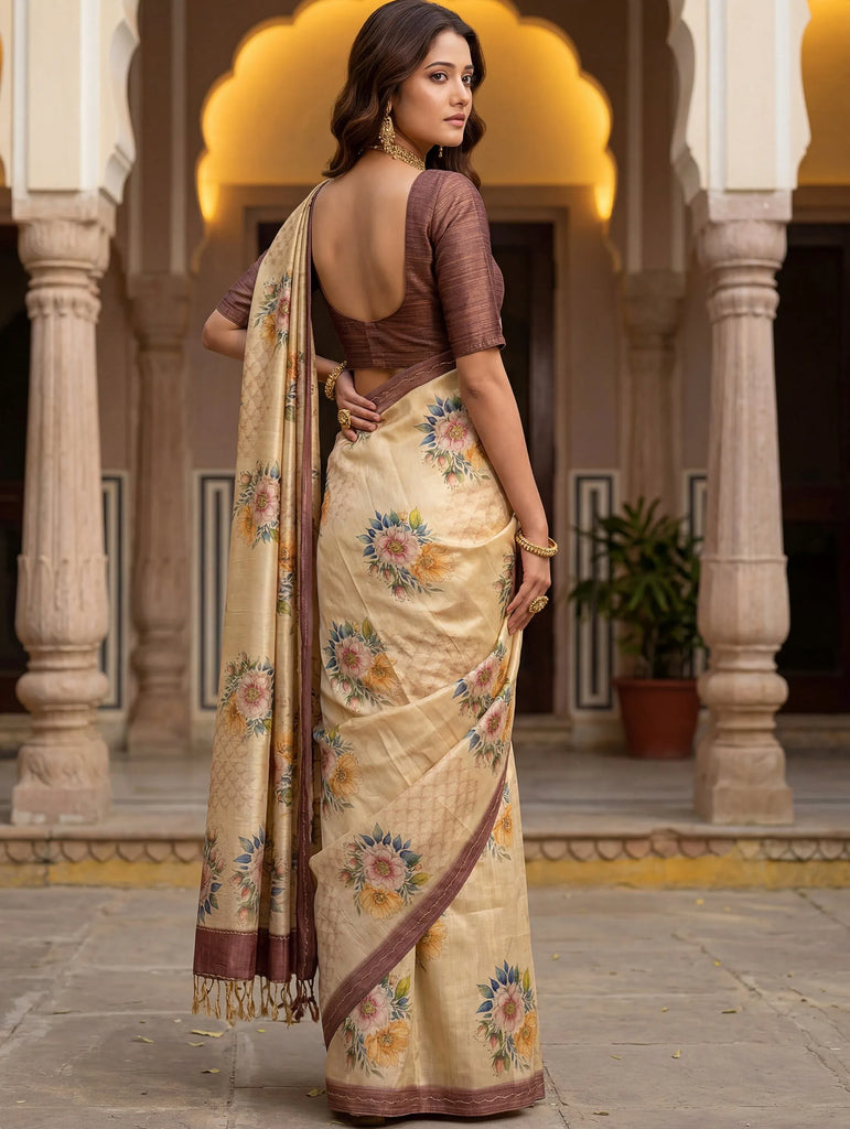 Graceful Cream Floral Printed Silk Wedding Wear Saree With Blouse