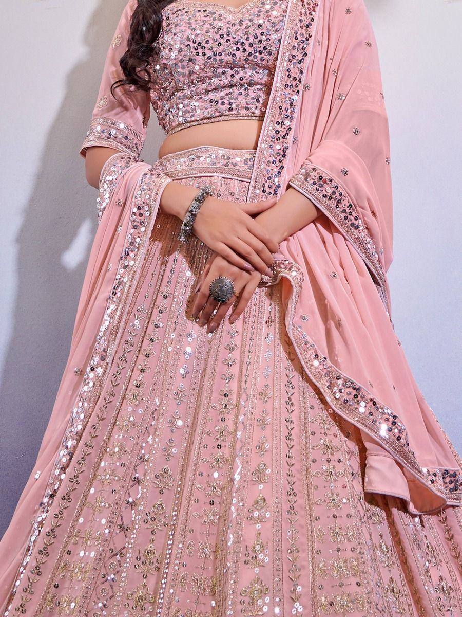 Pink sequined lehenga choli with embroidered dupatta, perfect for Indian ethnic wear occasions