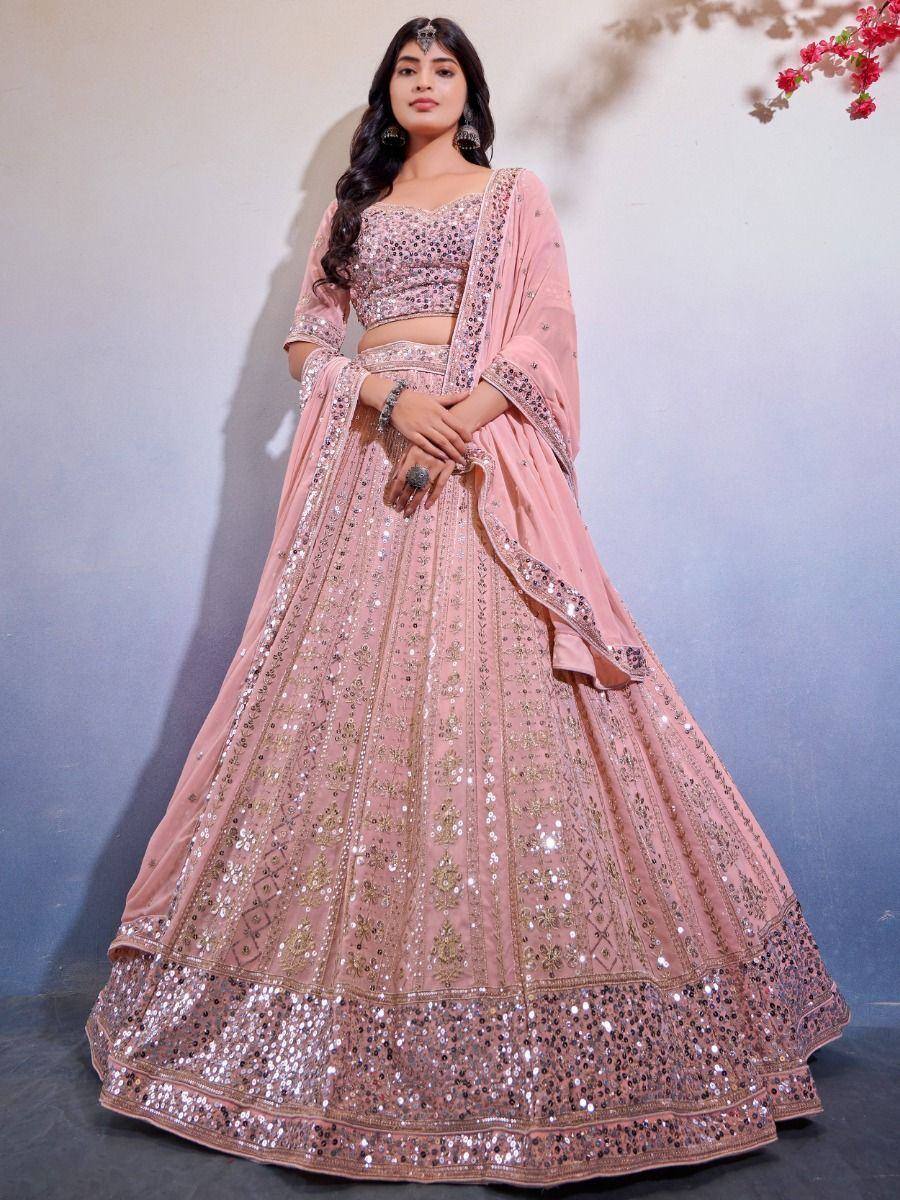 Pink designer lehenga choli with sequin embroidery, perfect for weddings and festive occasions