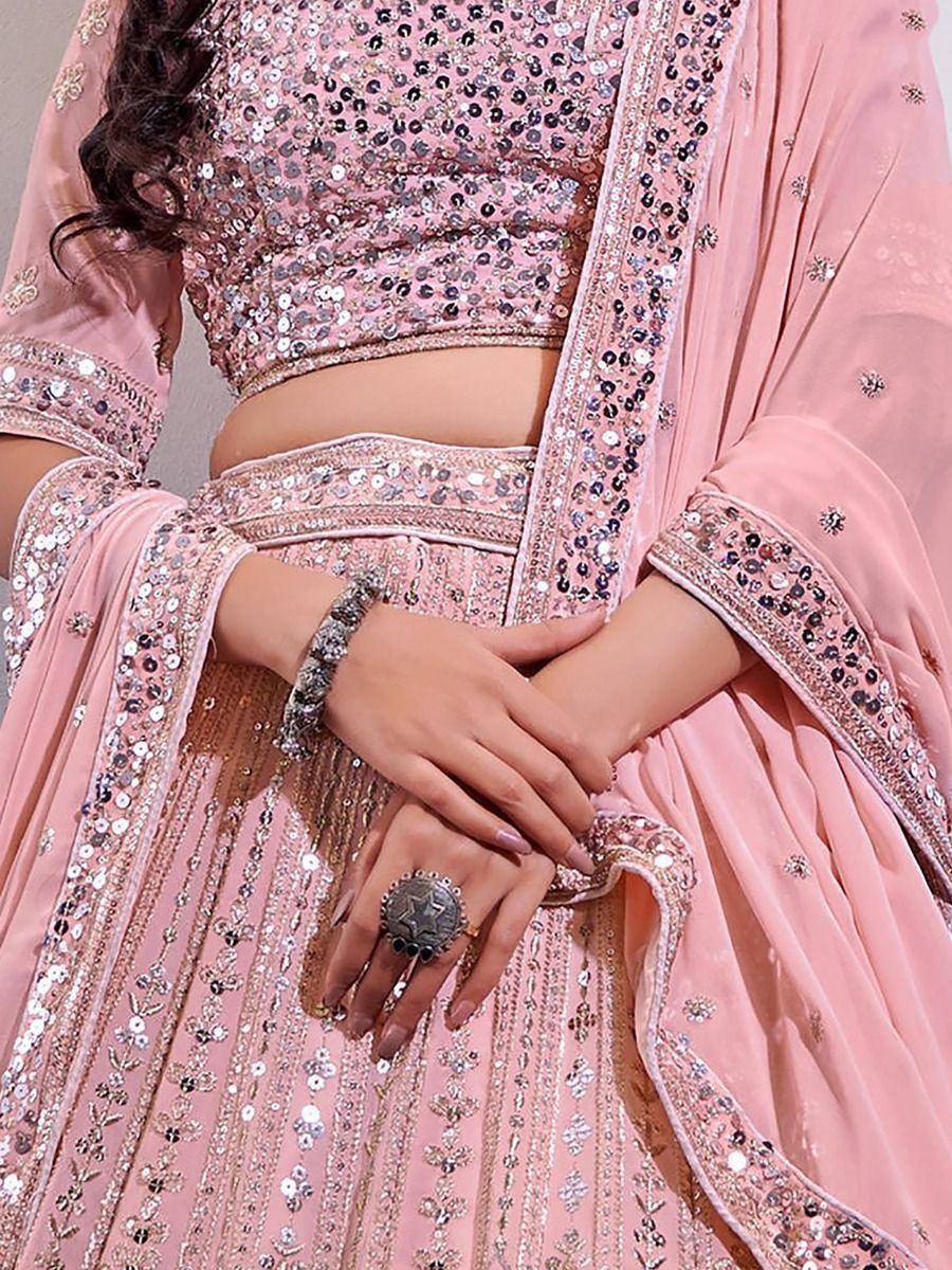 Pink sequin lehenga choli with embroidered dupatta, perfect for Indian ethnic wear occasions