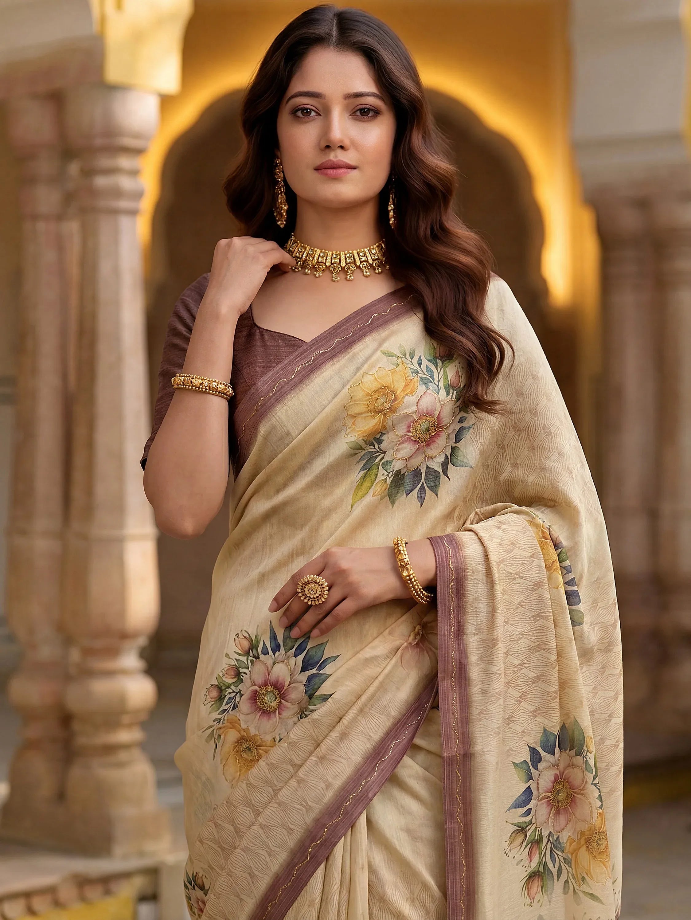 Graceful Cream Floral Printed Silk Wedding Wear Saree With Blouse