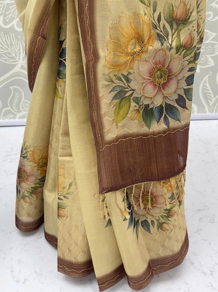 Graceful Cream Floral Printed Silk Wedding Wear Saree With Blouse