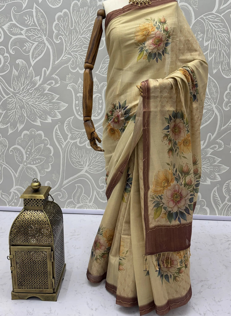 Graceful Cream Floral Printed Silk Wedding Wear Saree With Blouse