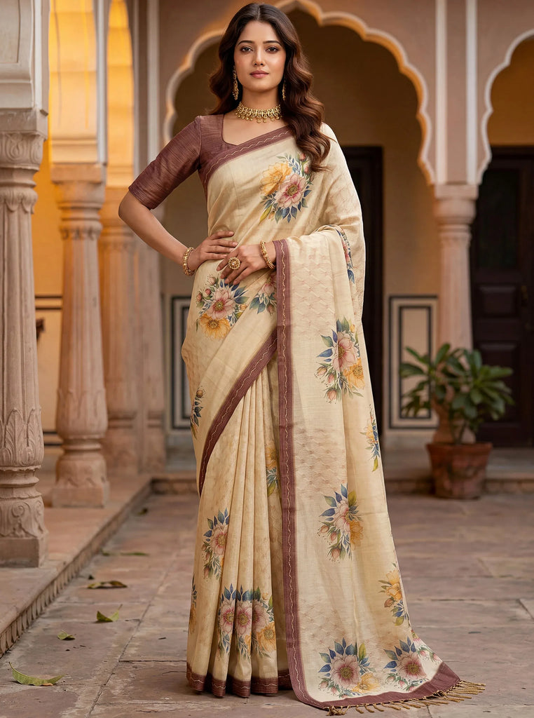 Graceful Cream Floral Printed Silk Wedding Wear Saree With Blouse