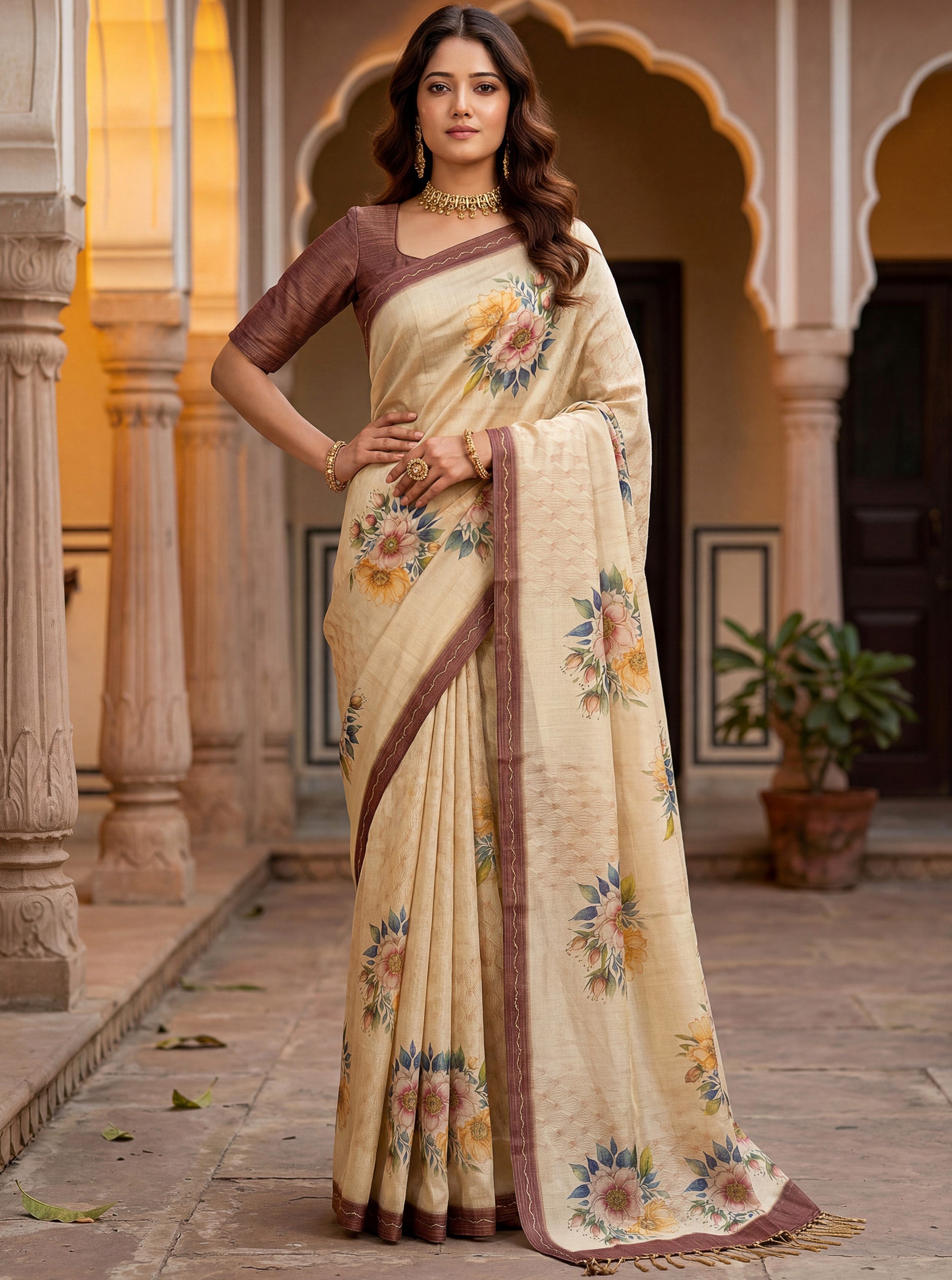 Graceful Cream Floral Printed Silk Wedding Wear Saree With Blouse