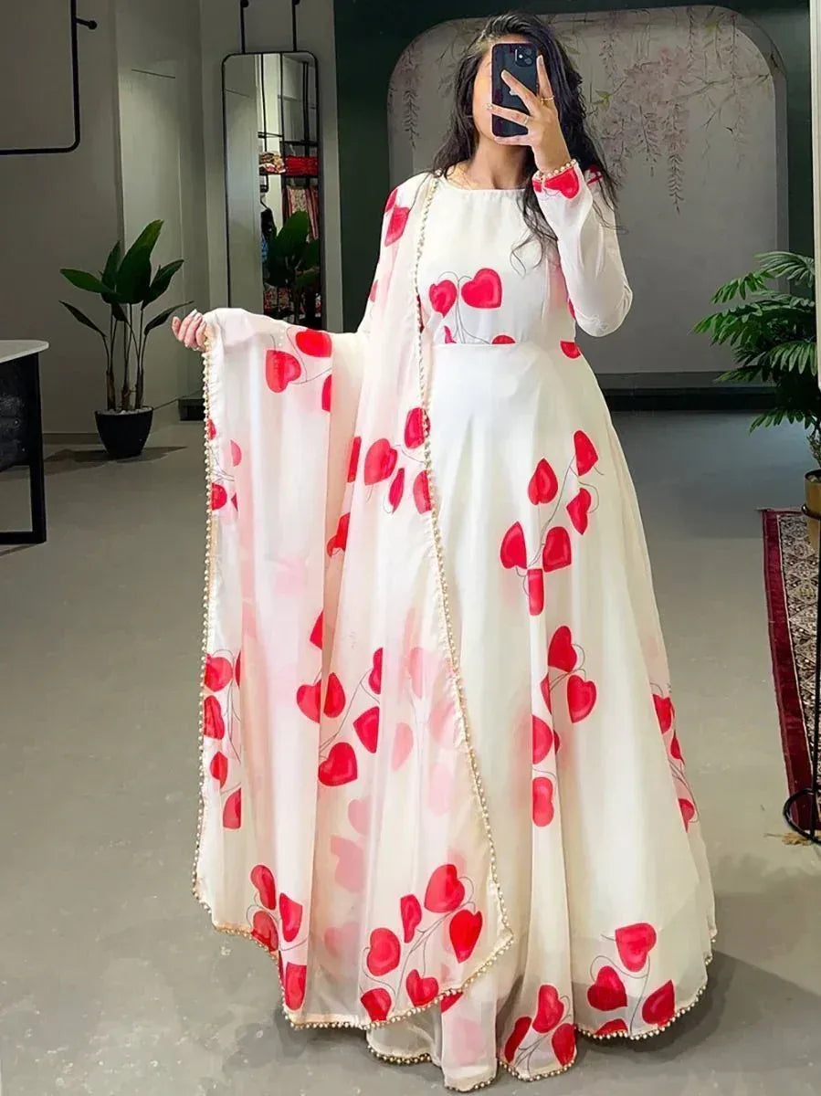 White ethnic gown with red heart print, perfect for Indian festive occasions and weddings