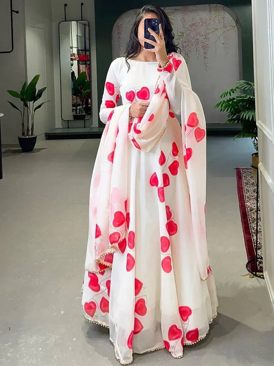 White ethnic gown with red heart print, perfect for Indian festive occasions and weddings
