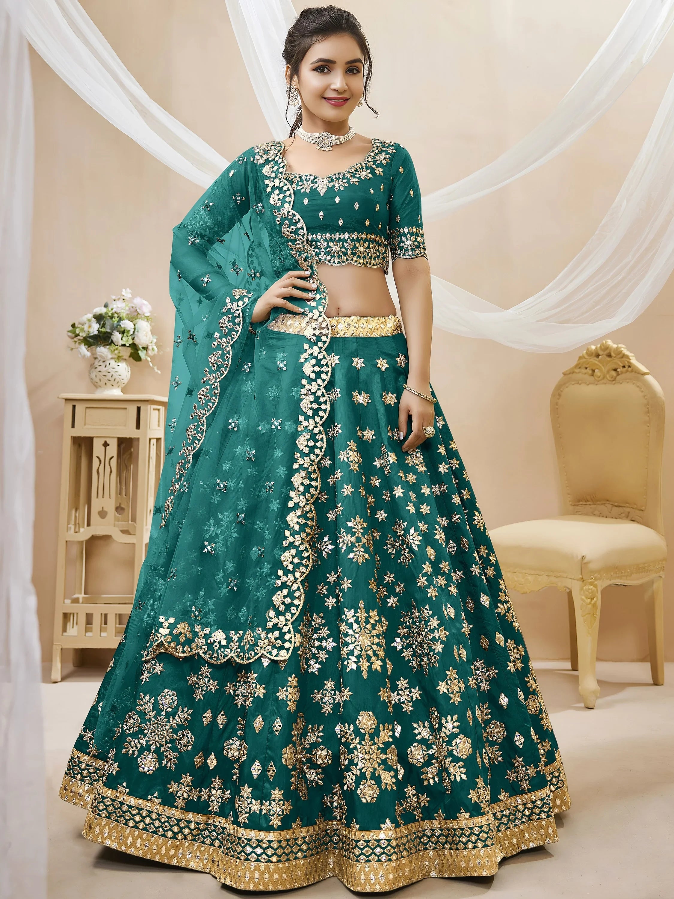 Spectacular Teal Green Zari Work Art Silk Bridesmaid Lehenga Choli