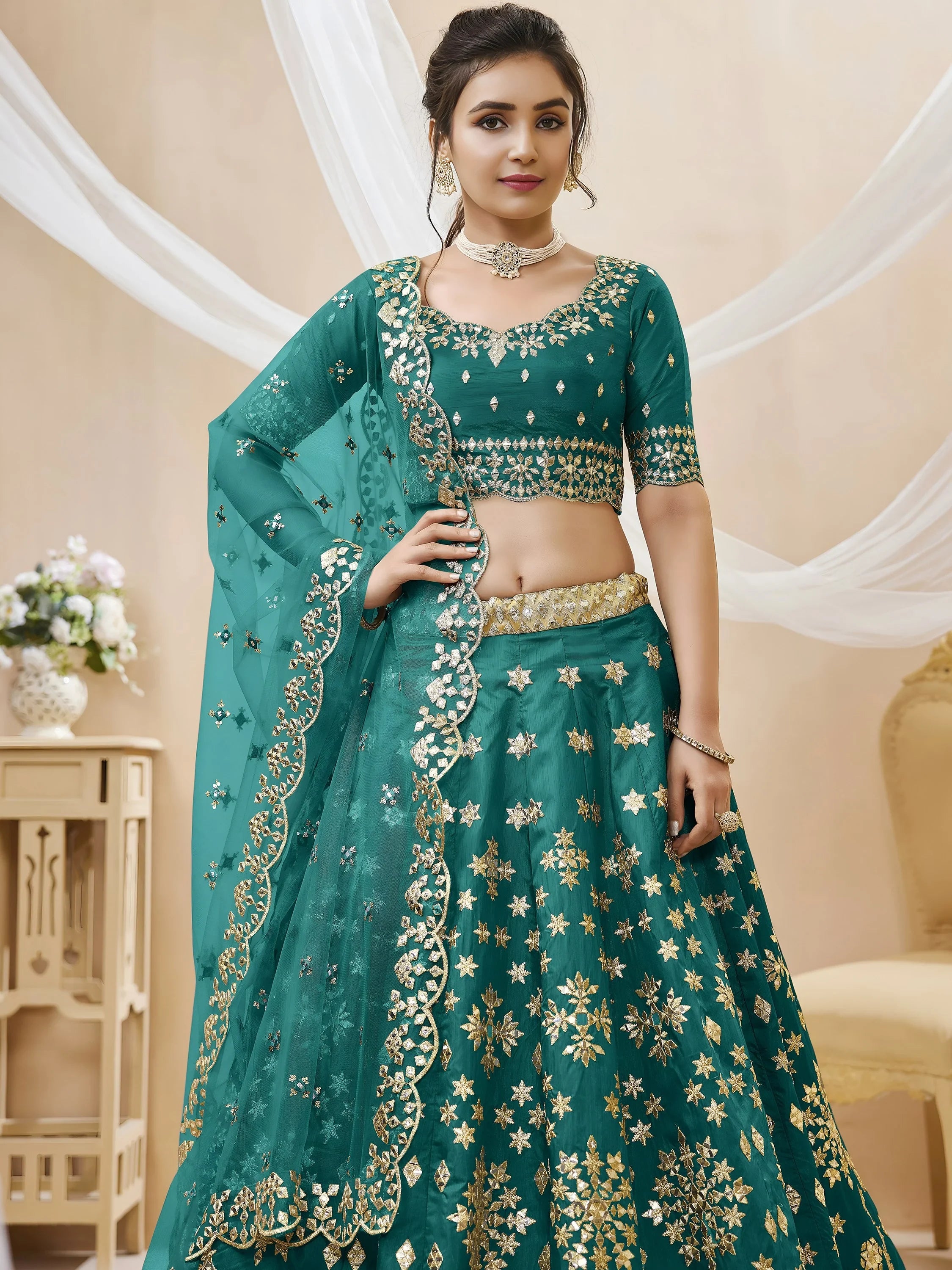 Spectacular Teal Green Zari Work Art Silk Bridesmaid Lehenga Choli
