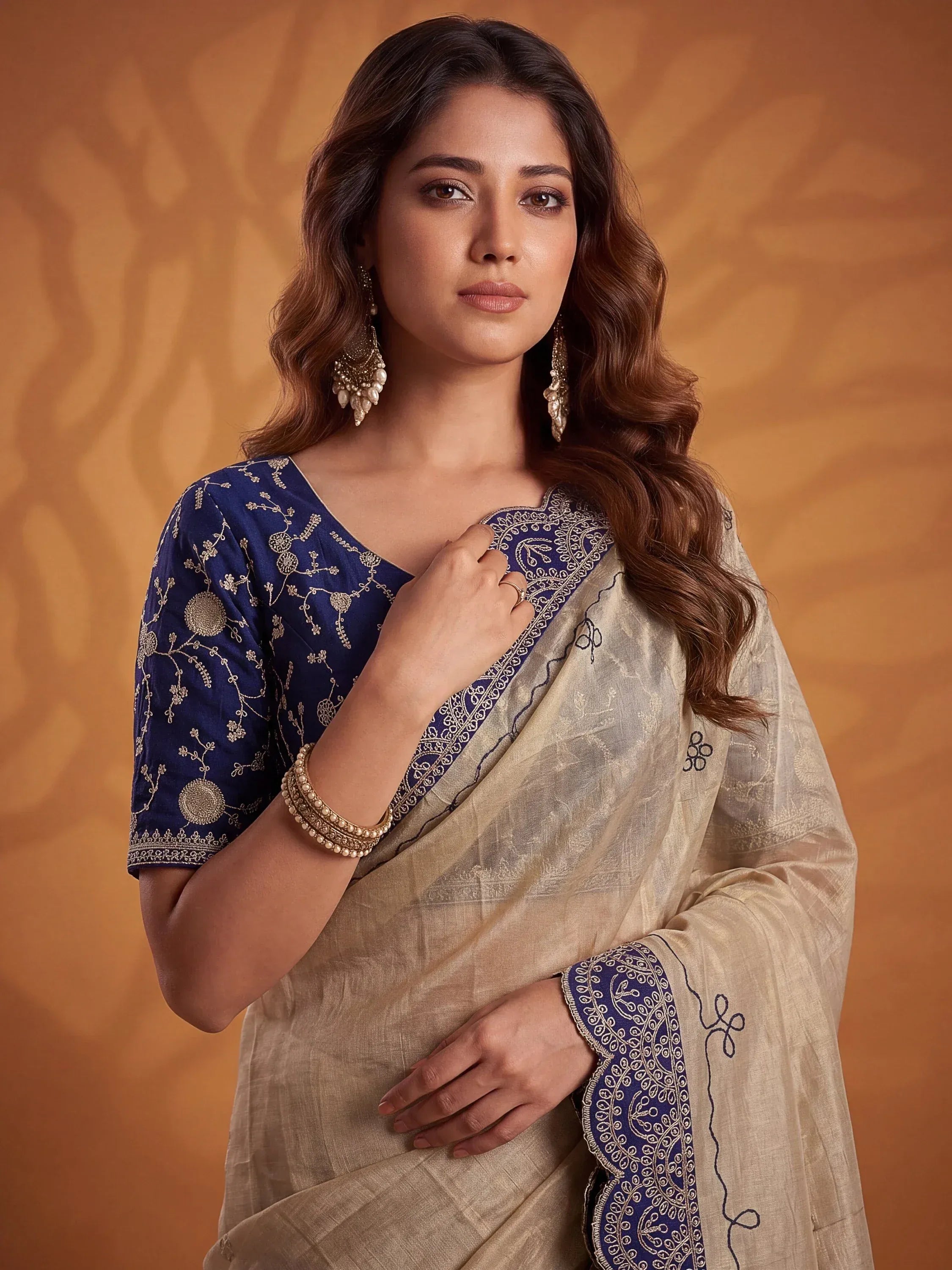 Captivating Navy Blue Dori Work Silk Designer Saree With Blouse