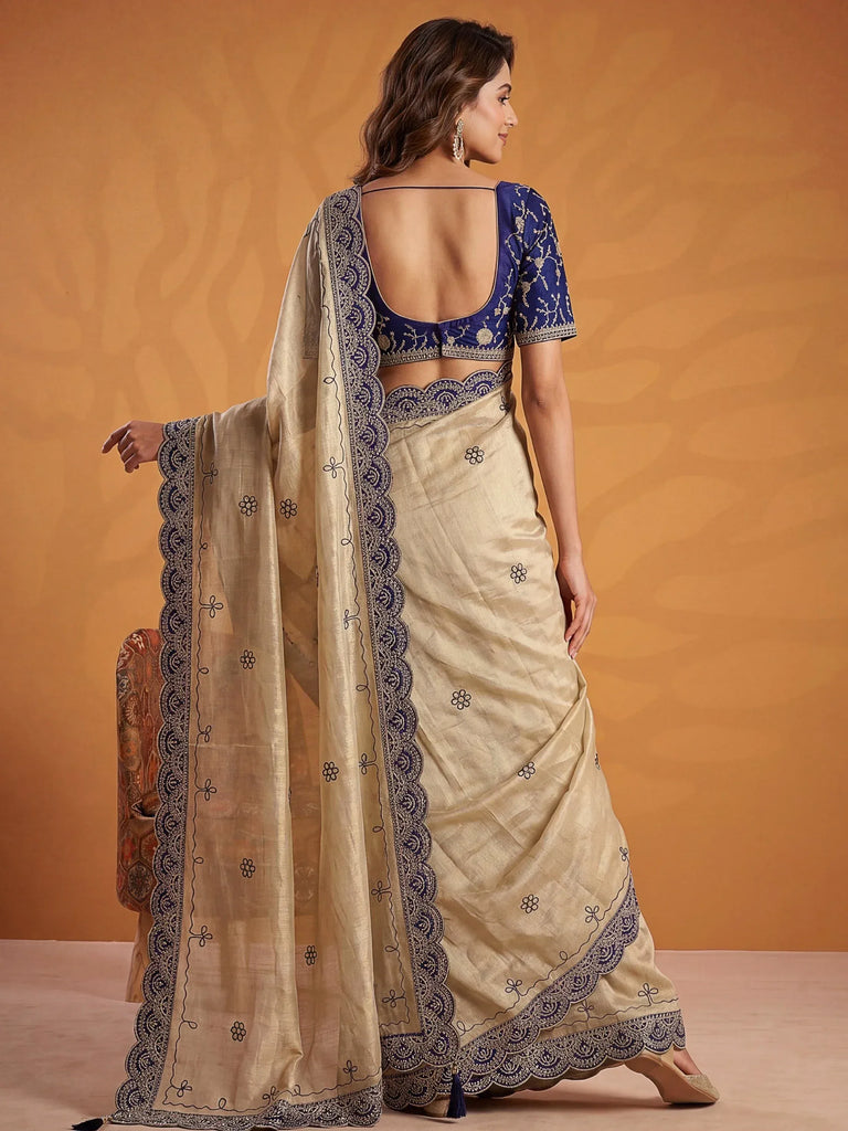 Captivating Navy Blue Dori Work Silk Designer Saree With Blouse