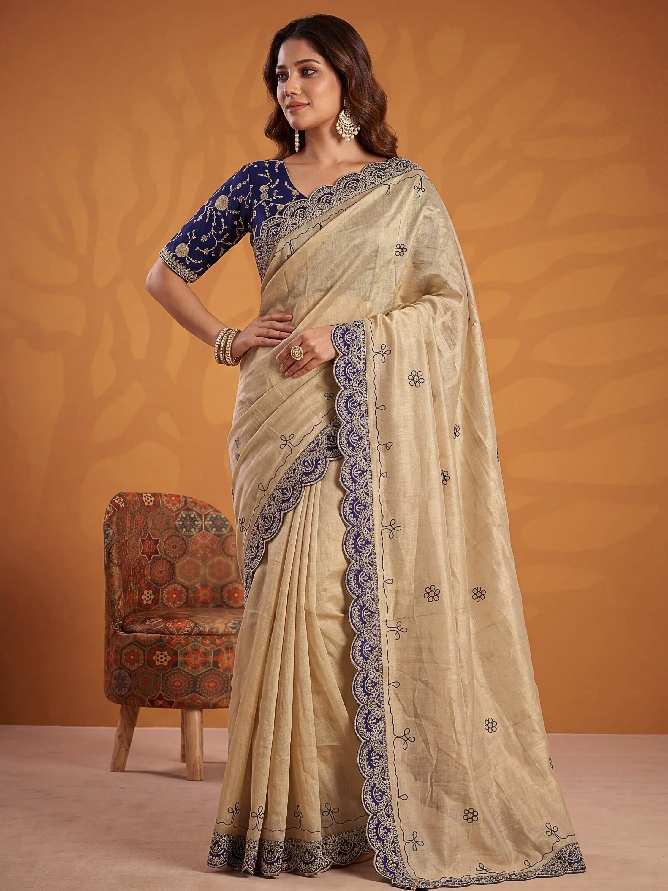 Captivating Navy Blue Dori Work Silk Designer Saree With Blouse