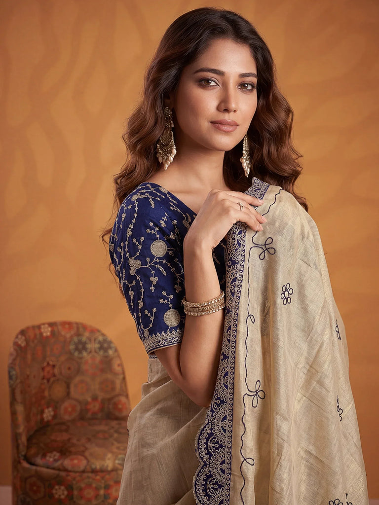 Captivating Navy Blue Dori Work Silk Designer Saree With Blouse