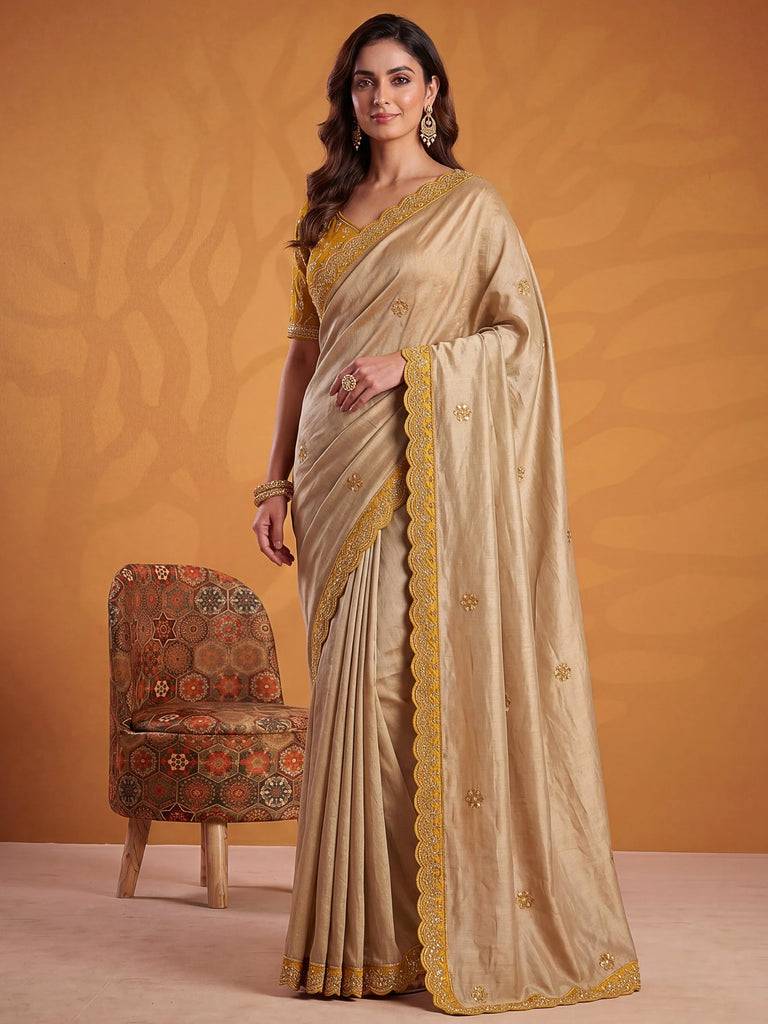 Sparkling Yellow Gota Work Silk Haldi Wear Saree With Blouse