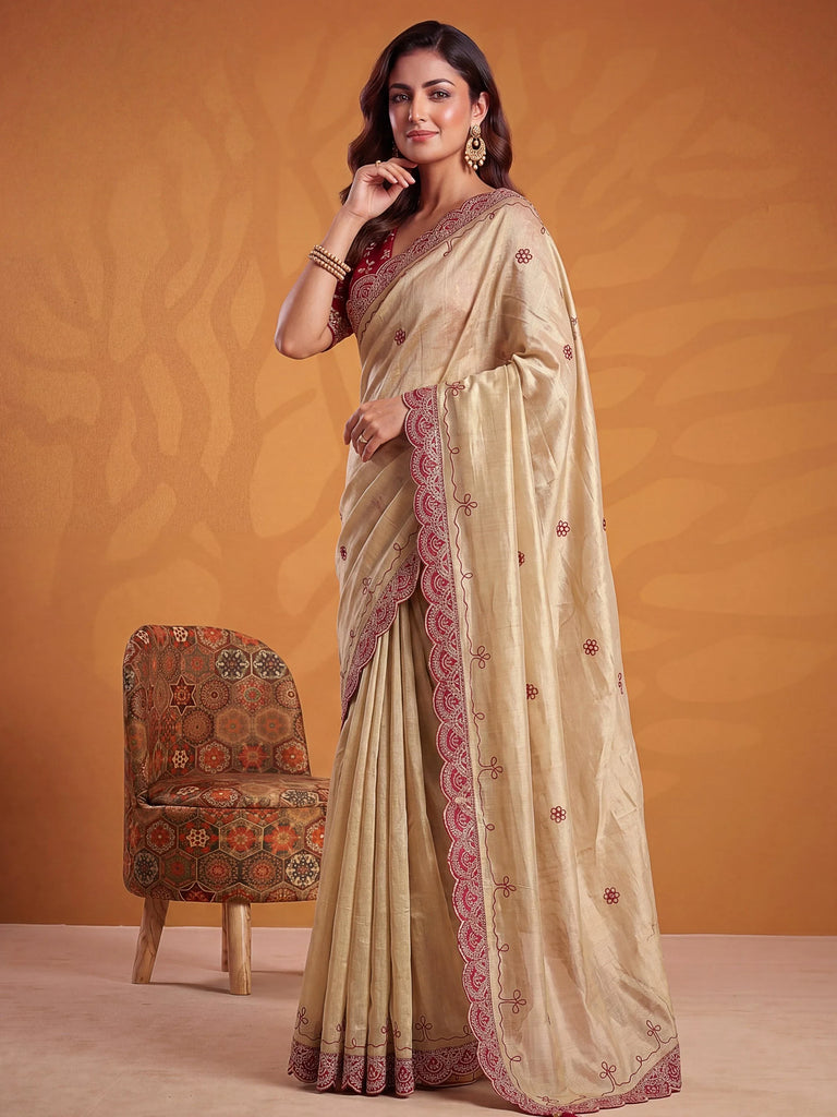 Pretty Pink Embroidered Silk Engagement Wear Saree With Blouse