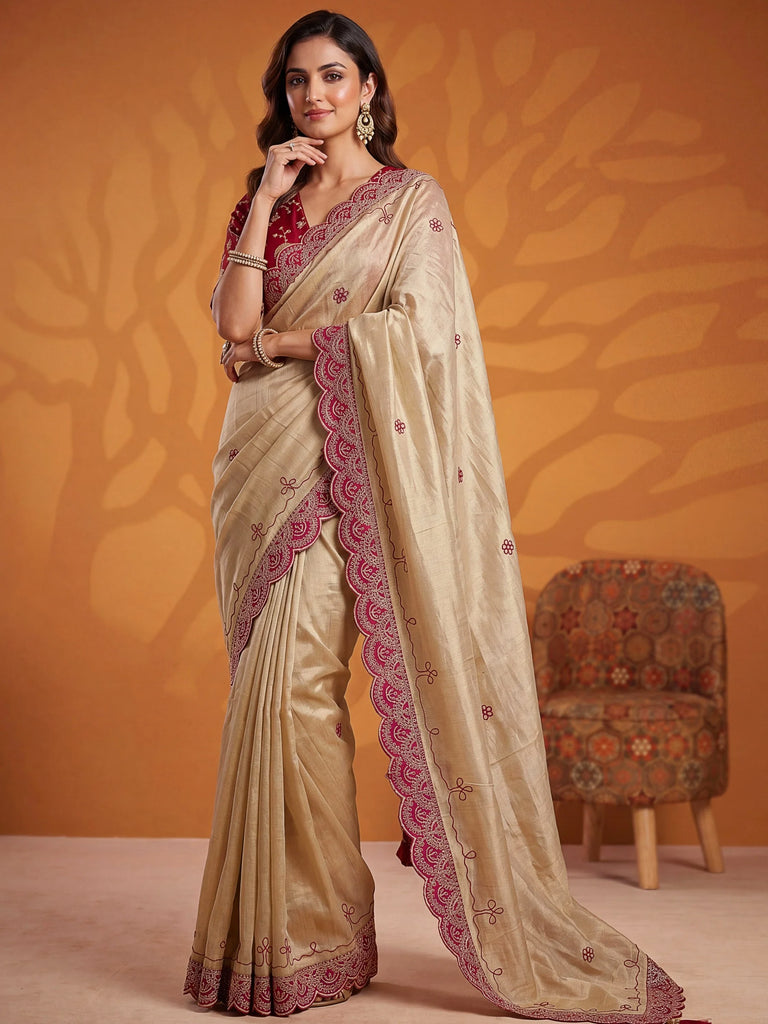 Pretty Pink Embroidered Silk Engagement Wear Saree With Blouse